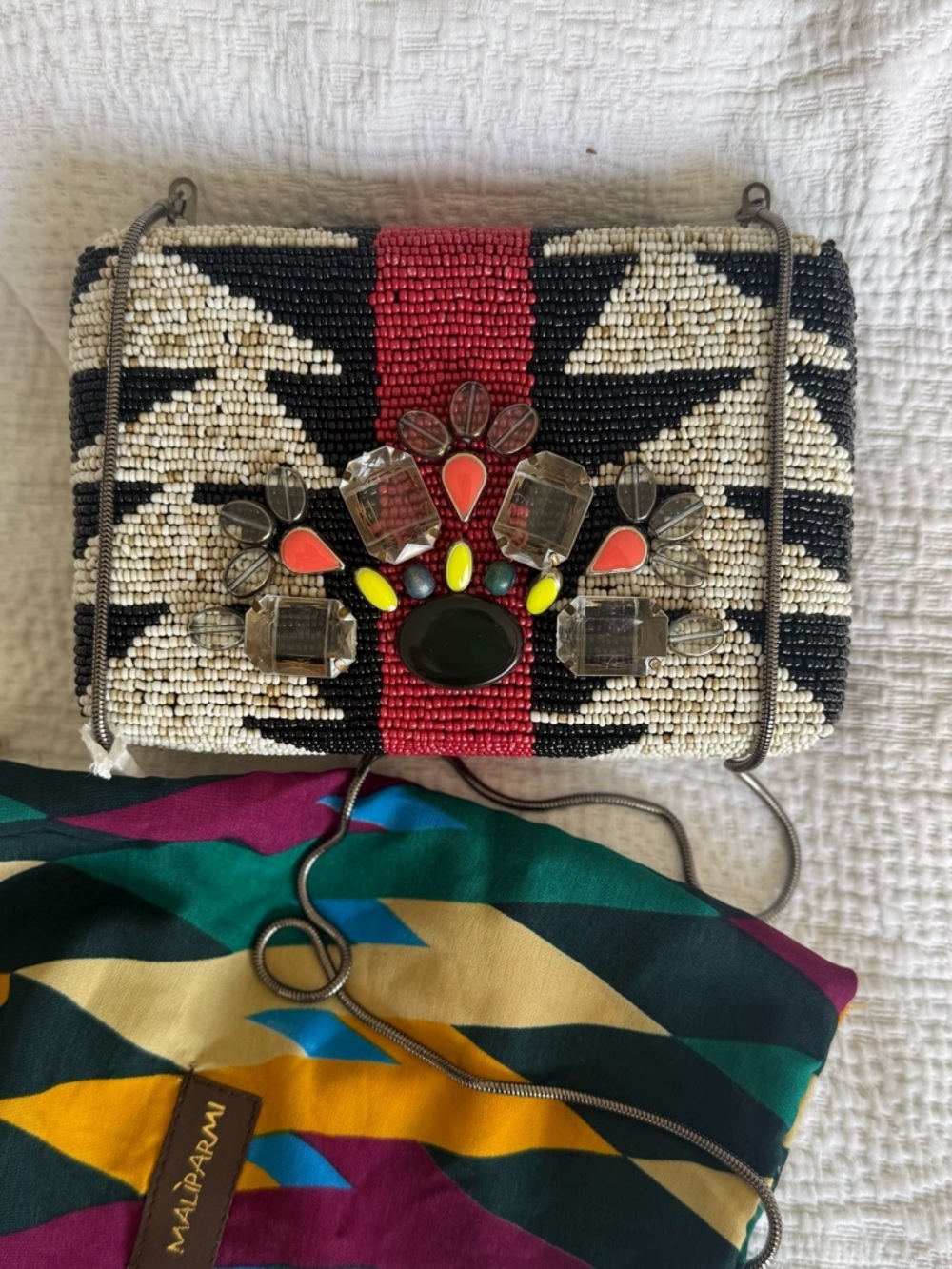 Maliparmi Black, White & Red Beaded Clutch with Jewel Accent